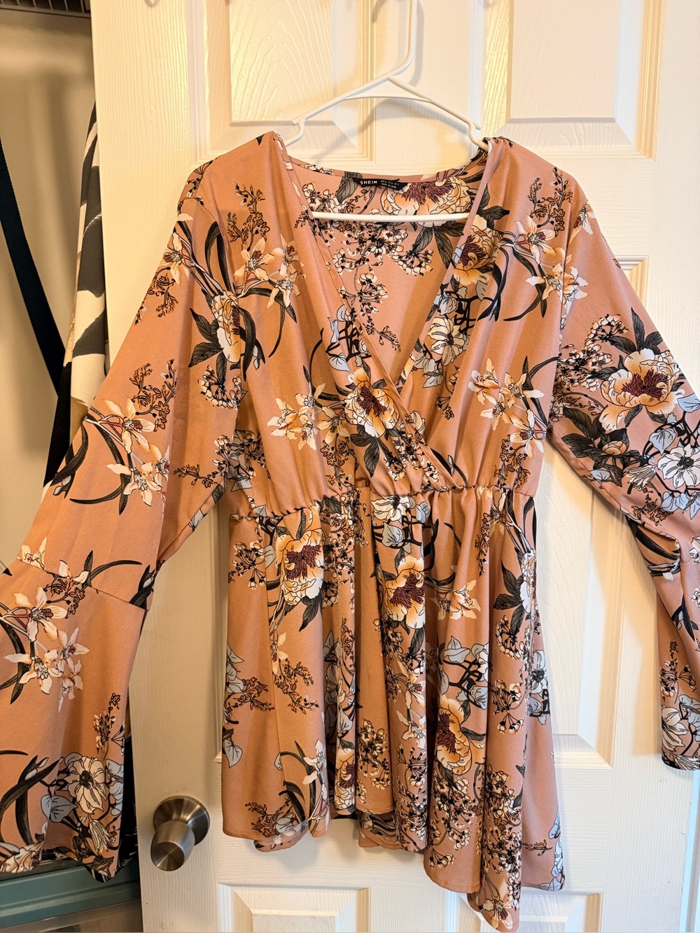 SHEIN Blush Floral Long Sleeve Wrap Peplum Dress